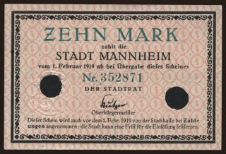Mannheim/ Stadt, 10 Mark, 1919