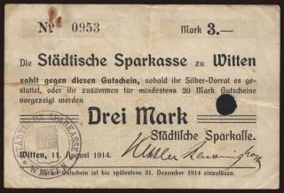 Witten/ Städtische Sparkasse, 3 Mark, 1914