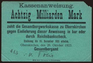 Obernkirchen/ Gesamtbergamt, 80.000.000.000 Mark, 1923