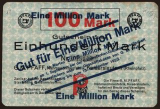 Kaiserslautern/ G.M. Pfaff Nähmaschinenfabrik, 1.000.000 Mark, 1923