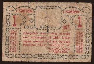 Beregszász/ Berehovo, 1 korona, 1919