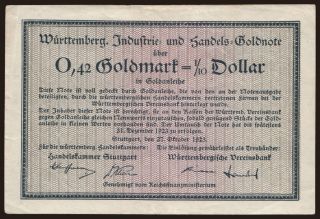 Stuttgart/ Handelskammer Stuttgart und Württembergische Vereinsbank, 0.42 Goldmark, 1923