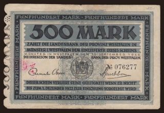 Münster/ Landesbank der Provinz Westfalen, 500 Mark, 1922