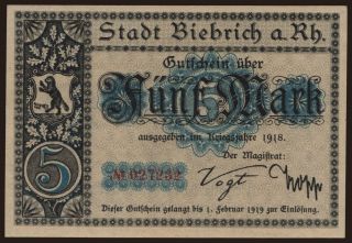 Biebrich/ Stadt, 5 Mark, 1918