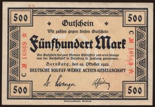 Bernburg/ Deutsche Solvay-Werke, 500 Mark, 1922