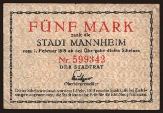 Mannheim/ Stadt, 5 Mark, 1919