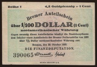 Bremen/ Finanzdeputation, 1/100 Dollar, 1923