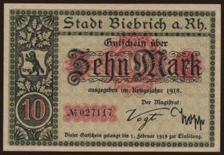 Biebrich/ Stadt, 10 Mark, 1918