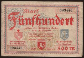 Bremerhaven/ Stadt, 500 Mark, 1922