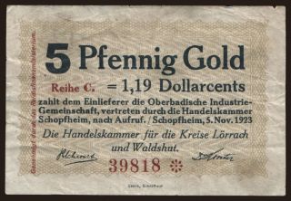 Schopfheim/ Handelskammer für die Kreise Lörrach u. Waldshut, 5 Pfennig Gold, 1923