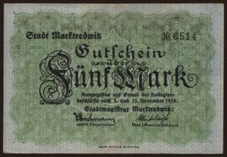 Marktredwitz/ Stadt, 5 Mark, 1918