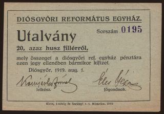 Diósgyőr/ Diósgyőri Református Egyház, 20 fillér, 1919