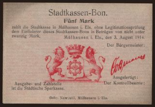 Mülhausen/ Stadtkasse, 5 Mark, 1914