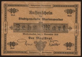 Marienwerder/ Stadt, 10 Mark, 1918