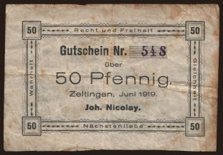 Zeltingen/ Joh. Nicolay Hotel zur Post, 50 Pfennig, 1919