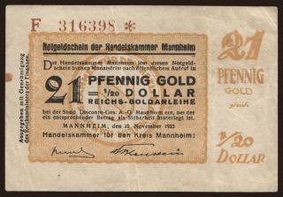Mannheim/ Handelskammer, 21 Pfennig Gold, 1923