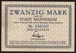 Mannheim/ Stadt, 20 Mark, 1919