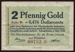 Schopfheim/ Handelskammer für die Kreise Lörrach u. Waldshut, 2 Pfennig Gold, 1923