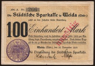 Weida/ Städtische Sparkasse, 100 Mark, 1918