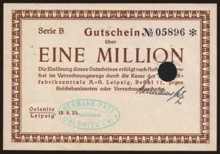 Oelsnitz/ Hermann Patz, Teppichfabrik, 1.000.000 Mark, 1923