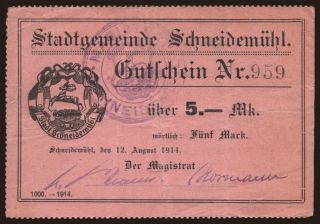 Schneidemühl/ Stadtgemeinde, 5 Mark, 1914