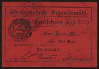 Schneidemühl/ Stadtgemeinde, 5 Mark, 1914