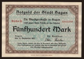 Sagan/ Stadt. 500 Mark, 1922