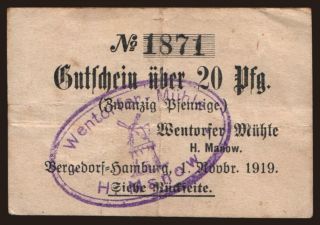 Bergedorf/ Wentorfer Mühle H. Manow, 20 Pfennig, 1920