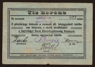Rozsnyó/ Rožňava Sajóvölgyi Bank R-T., 10 korona, 1919