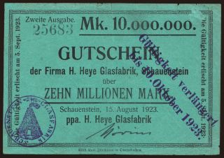 Schauenstein/ H. Heye Glasfabrik, 10.000.000 Mark, 1923
