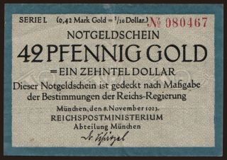 München/ Reichspostministerium, 42 Pfennig Gold, 1923