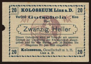 Linz/ Kolosseum Linz, 20 Heller, 1920