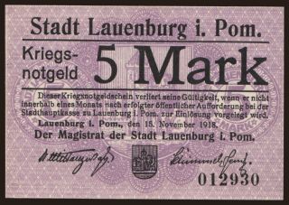 Lauenburg/ Stadt, 5 Mark, 1918