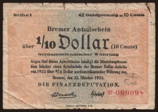 Bremen/ Finanzdeputation, 1/10 Dollar, 1923