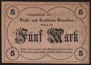 Graudenz/ Stadt und Landkreis, 5 Mark, 1918
