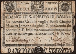 Banco di Santo Spirito di Roma, 5 scudi, 1786