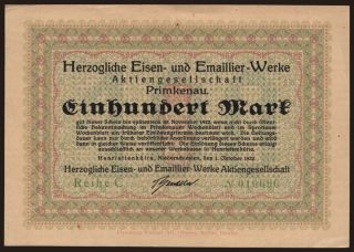 Primkenau/ Henriettenhütte, Hzgl. Eisen- u. Emaillierwerke, 100 Mark, 1922