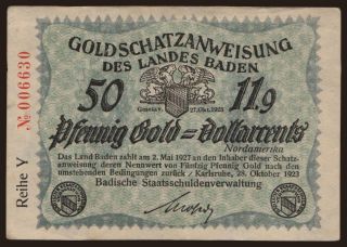Karlsruhe/ Badische Staatsschuldenverwaltung, 50 Pfennig Gold, 1923
