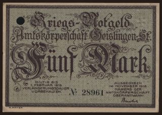 Geislingen/ Amtskörperschaft, 5 Mark, 1918