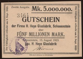 Schauenstein/ H. Heye Glasfabrik, 5.000.000 Mark, 1923