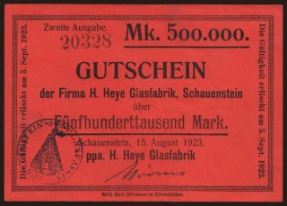Schauenstein/ H. Heye Glasfabrik, 500.000 Mark, 1923