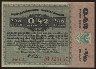 Wetzlar/ Stadt, 0.42 Mark Gold, 1923