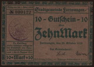 Furtwangen/ Stadt, 10 Mark, 1918