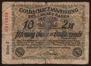 Baden/ Badische Staatsschuldenverwaltung, 10 Pfennig Gold, 1923