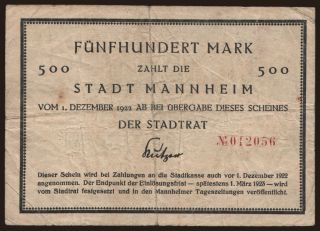 Mannheim/ Stadt, 500 Mark, 1922