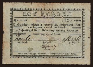Rozsnyó/ Rožňava Sajóvölgyi Bank R-T., 1 korona, 1919