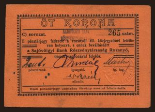 Rozsnyó/ Rožňava Sajóvölgyi Bank R-T., 5 korona, 1919