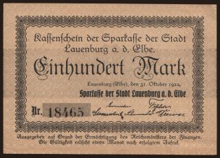 Lauenburg/ Sparkasse der Stadt, 100 Mark, 1922