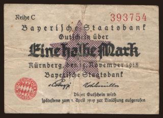 Nürnberg/ Bayerische Staatsbank, 1/2 Mark, 1918