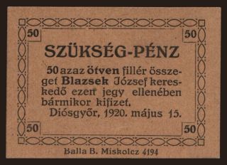 Diósgyőr/ Blazsek József, 50 fillér, 1920